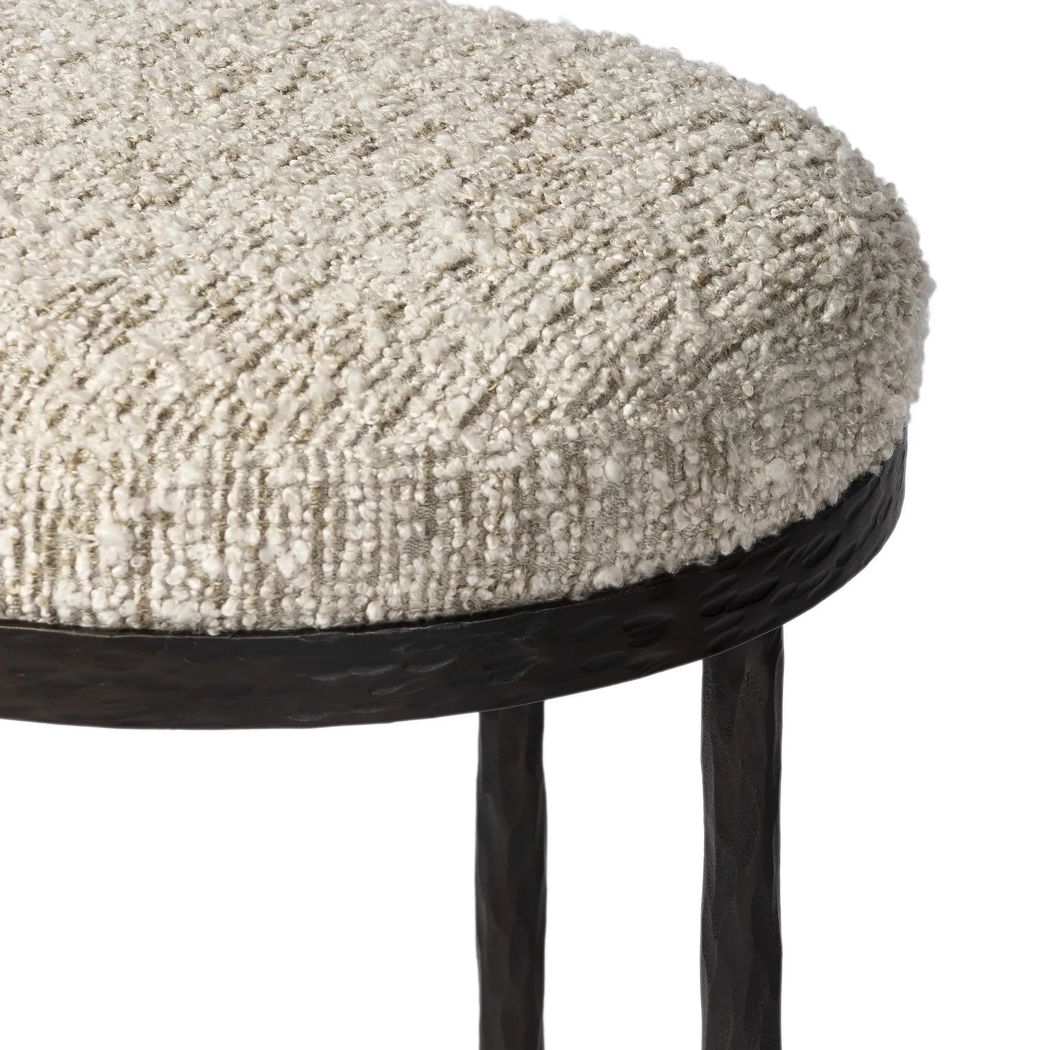 Featuring Corinne Ivan Stone Bar + Counter Stool by Four Hands at Amethyst Home. Hammered bronze legs with ball-shaped foot details elevate this simply shaped counter stool. A round, cushioned seat in a heavy boucle-like fabric finishes this counter-height stool's clean, inviting look.BarOverall Dimensions: 17.00"w x 17.00"d x 31.25"hWeight: 32.19 lbsCounter. Amethyst Home provides interior design, new home construction design consulting, vintage area rugs, and lighting in the Monterey metro area.