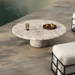 Soft curves define this classic pedestal-style outdoor coffee table. Cast concrete is finished with a natural water transfer finish meant to mimic natural veined marble. Cover or store inside during inclement weather and when not in use. Amethyst Home provides interior design, new home construction design consulting, vintage area rugs, and lighting in the Alpharetta metro area.