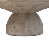 Soft curves define this classic pedestal-style outdoor coffee table. Cast concrete is finished with a natural water transfer finish meant to mimic natural veined marble. Cover or store inside during inclement weather and when not in use. Amethyst Home provides interior design, new home construction design consulting, vintage area rugs, and lighting in the Washington metro area.