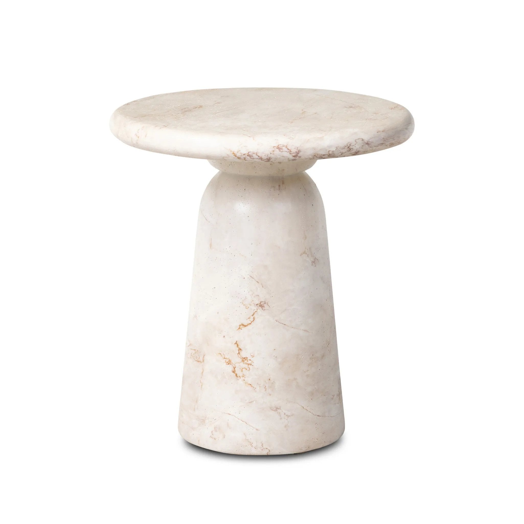 Soft curves define this classic pedestal-style outdoor end table. Cast concrete is finished with a natural water transfer finish meant to mimic natural veined marble. Cover or store inside during inclement weather and when not in use. Amethyst Home provides interior design, new home construction design consulting, vintage area rugs, and lighting in the Nashville metro area.