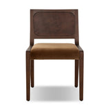 A midcentury look, refreshed with mixed materials.  Solid oak and poplar burl veneer frame a velvety ochre seat. Performance fabrics are specially created to withstand spills, stains, high traffic and wear, ensuring long-term comfort and unmatched durability. Amethyst Home provides interior design, new home construction design consulting, vintage area rugs, and lighting in the Houston metro area.
