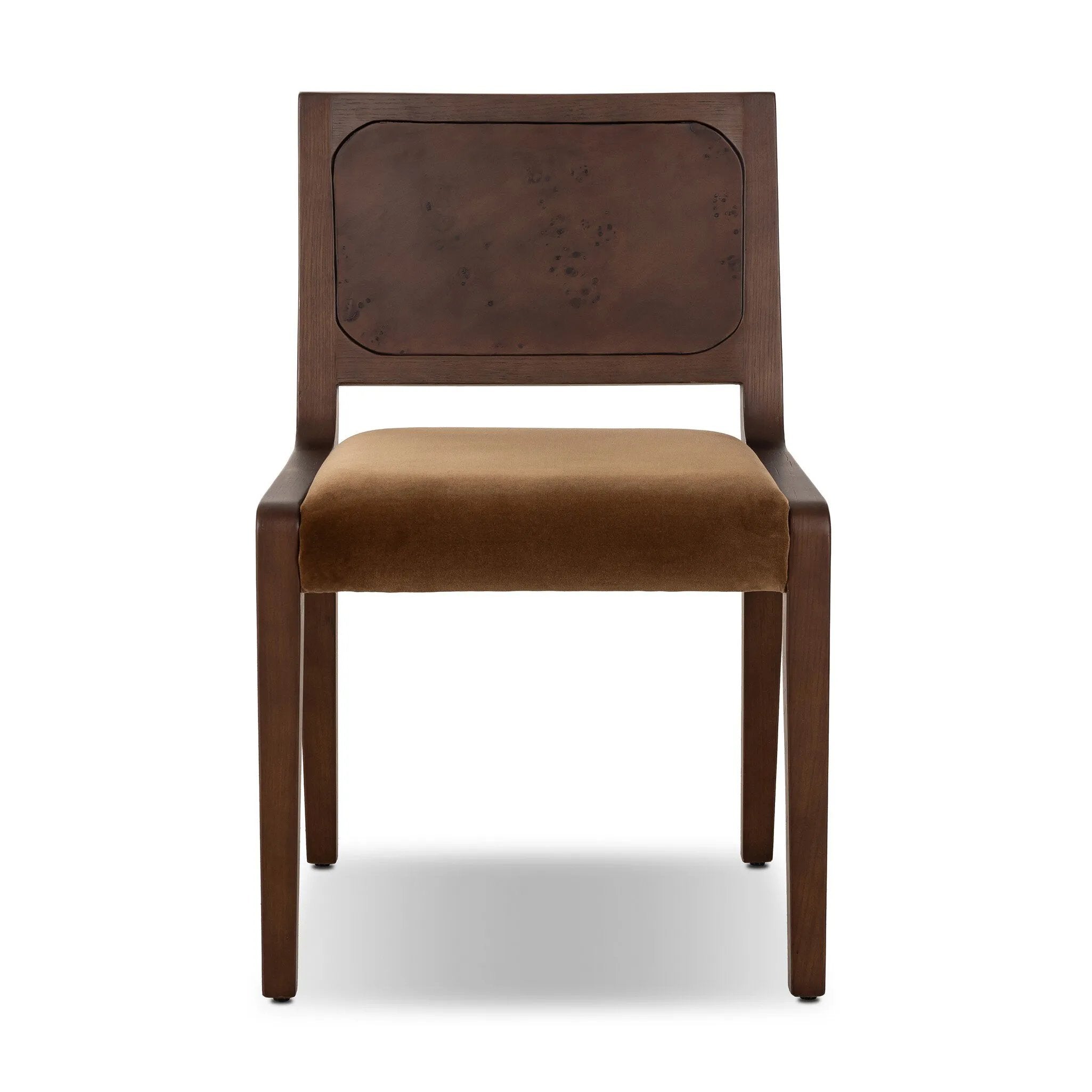 A midcentury look, refreshed with mixed materials.  Solid oak and poplar burl veneer frame a velvety ochre seat. Performance fabrics are specially created to withstand spills, stains, high traffic and wear, ensuring long-term comfort and unmatched durability. Amethyst Home provides interior design, new home construction design consulting, vintage area rugs, and lighting in the Houston metro area.
