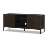 Sleek and versatile, this rich brown oak media console features soft corners and edges, two exterior doors and an open center compartment for storage and display. Rear cutouts for cord management.As enthusiasts of luxe style at Amethyst, we love the designer inspired Cosgrove Media Console - Espresso Oak Veneer. Amethyst Home provides interior design, new home construction design consulting, vintage area rugs, and lighting in the Kansas City metro area.