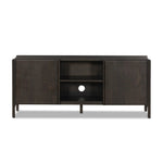 Sleek and versatile, this rich brown oak media console features soft corners and edges, two exterior doors and an open center compartment for storage and display. Rear cutouts for cord management.As enthusiasts of luxe style at Amethyst, we love the designer inspired Cosgrove Media Console - Espresso Oak Veneer. Amethyst Home provides interior design, new home construction design consulting, vintage area rugs, and lighting in the Salt Lake City metro area.