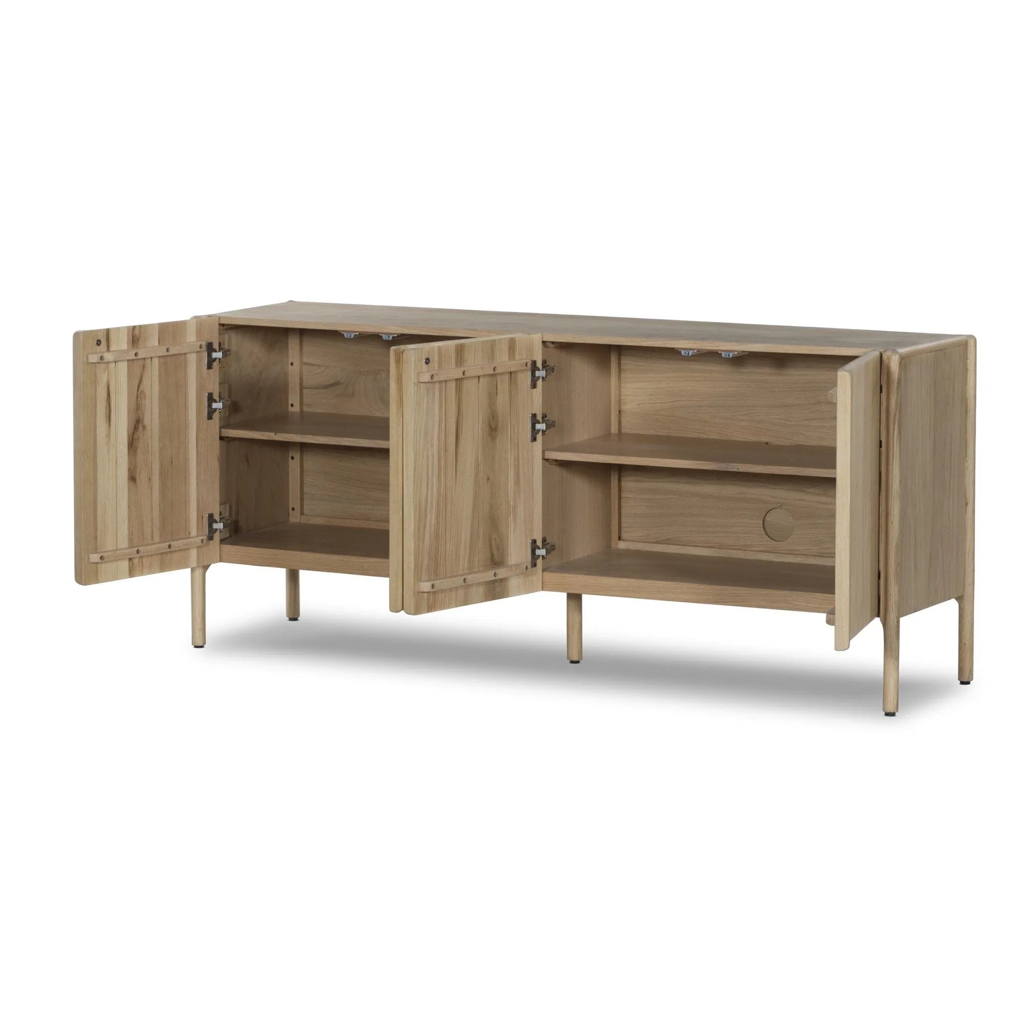 Add storage to your dining space, plus a look of beautiful simplicity. Crafted of light natural oak, with cylindrical legs and rounded detailing throughout the case. Spacious inside awaits storage of favorite table linens, serveware and more. Amethyst Home provides interior design, new home construction design consulting, vintage area rugs, and lighting in the Miami metro area.