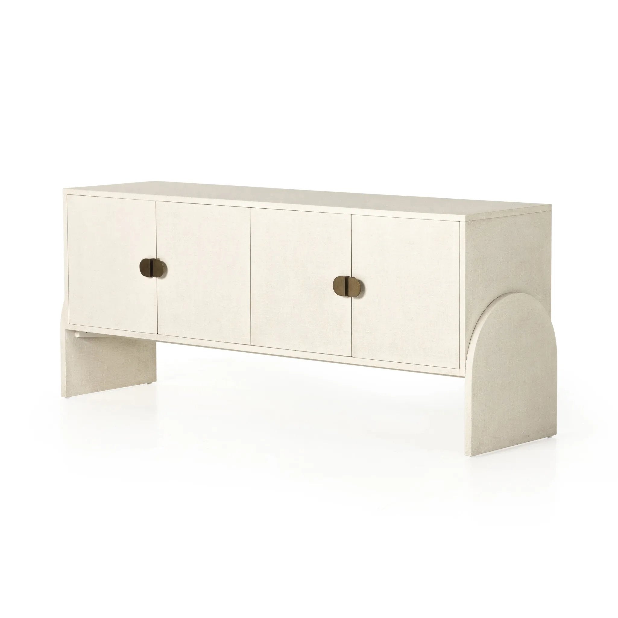 Talk about novelty. Made from painted linen in a light ivory, arched legs soften otherwise clean, modern shaping. Finished in
