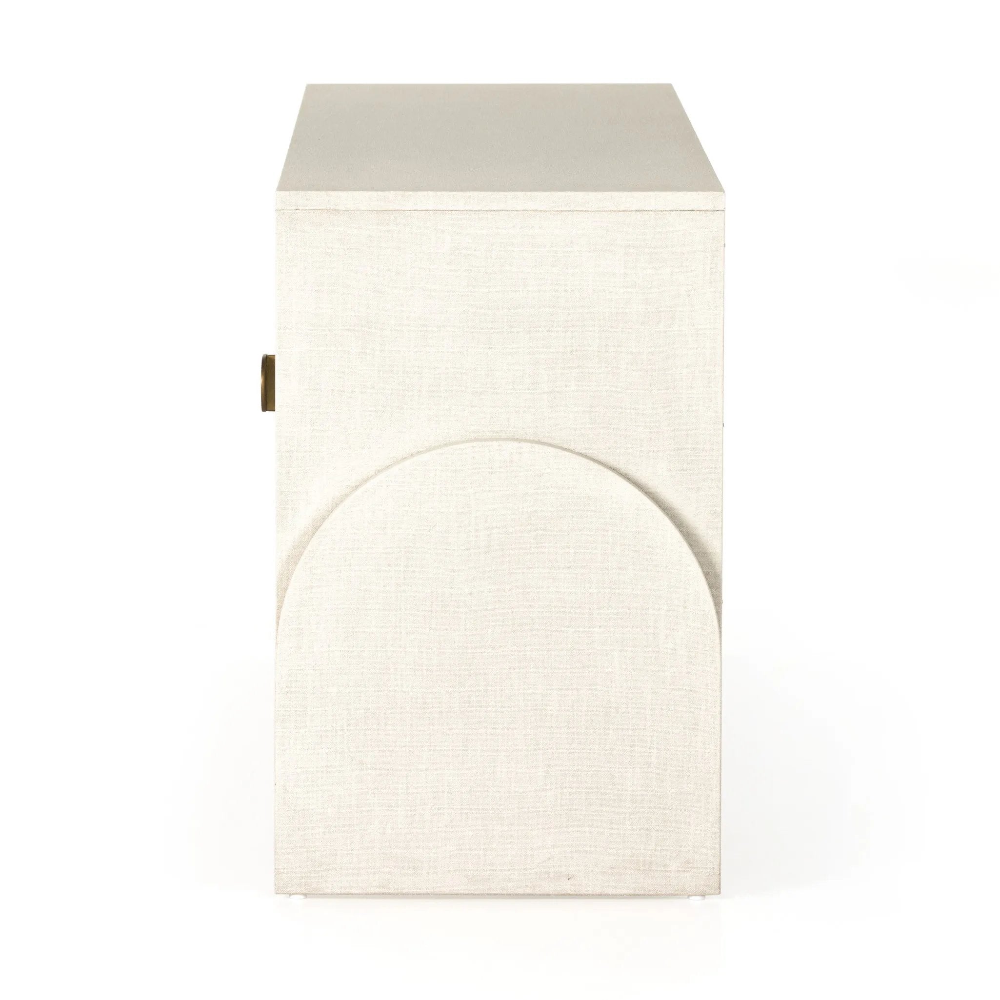 Talk about novelty. Made from painted linen in a light ivory, arched legs soften otherwise clean, modern shaping. Finished in