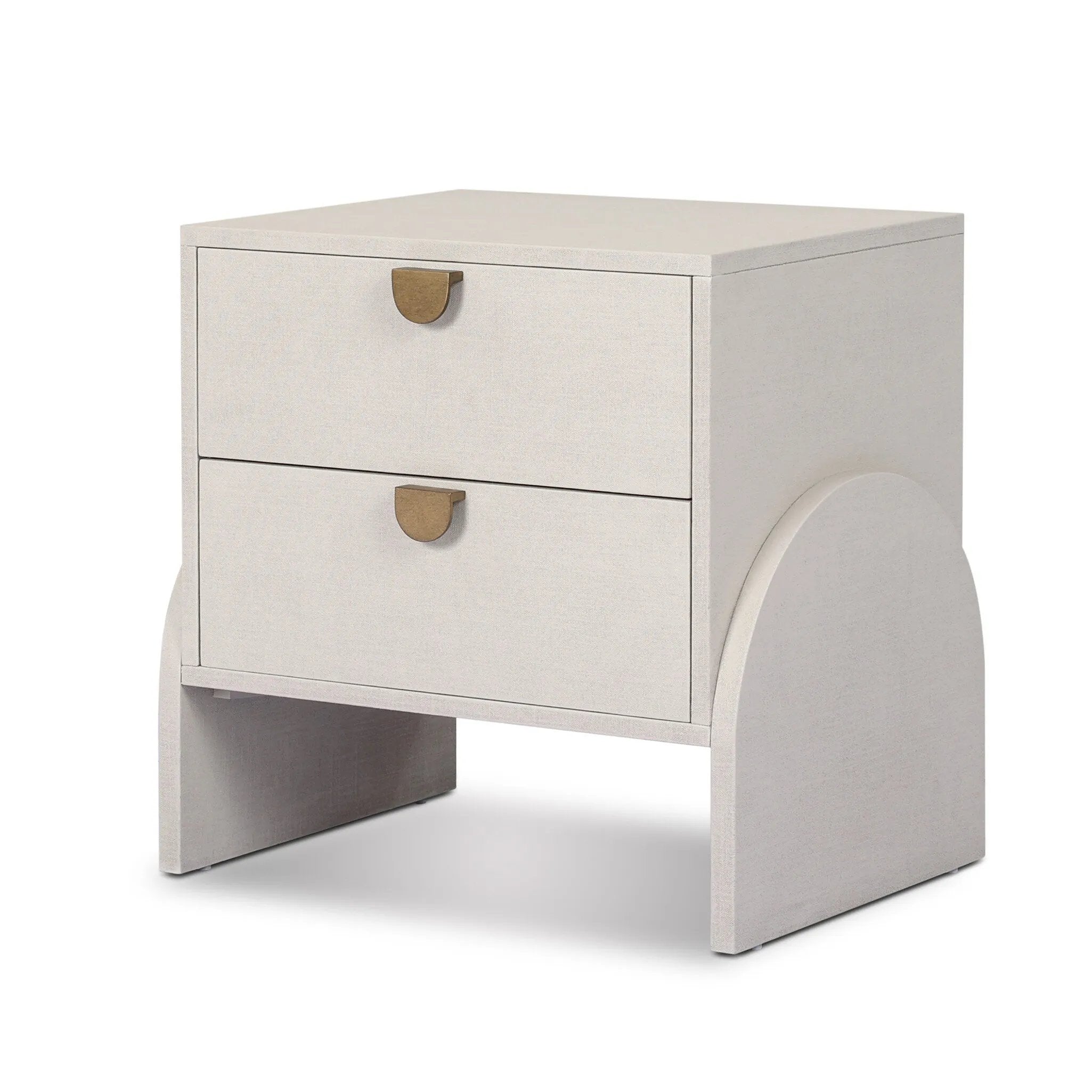 Talk about novelty. Made from painted linen in a light ivory, arched legs soften otherwise clean, modern shaping. Two drawers bring storage to the bedside while half-moon iron hardware adds a hint of art deco style Amethyst Home provides interior design, new home construction design consulting, vintage area rugs, and lighting in the Austin metro area.
