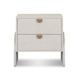 Talk about novelty. Made from painted linen in a light ivory, arched legs soften otherwise clean, modern shaping. Two drawers bring storage to the bedside while half-moon iron hardware adds a hint of art deco style Amethyst Home provides interior design, new home construction design consulting, vintage area rugs, and lighting in the Charlotte metro area.