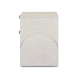 Talk about novelty. Made from painted linen in a light ivory, arched legs soften otherwise clean, modern shaping. Two drawers bring storage to the bedside while half-moon iron hardware adds a hint of art deco style Amethyst Home provides interior design, new home construction design consulting, vintage area rugs, and lighting in the Kansas City metro area.