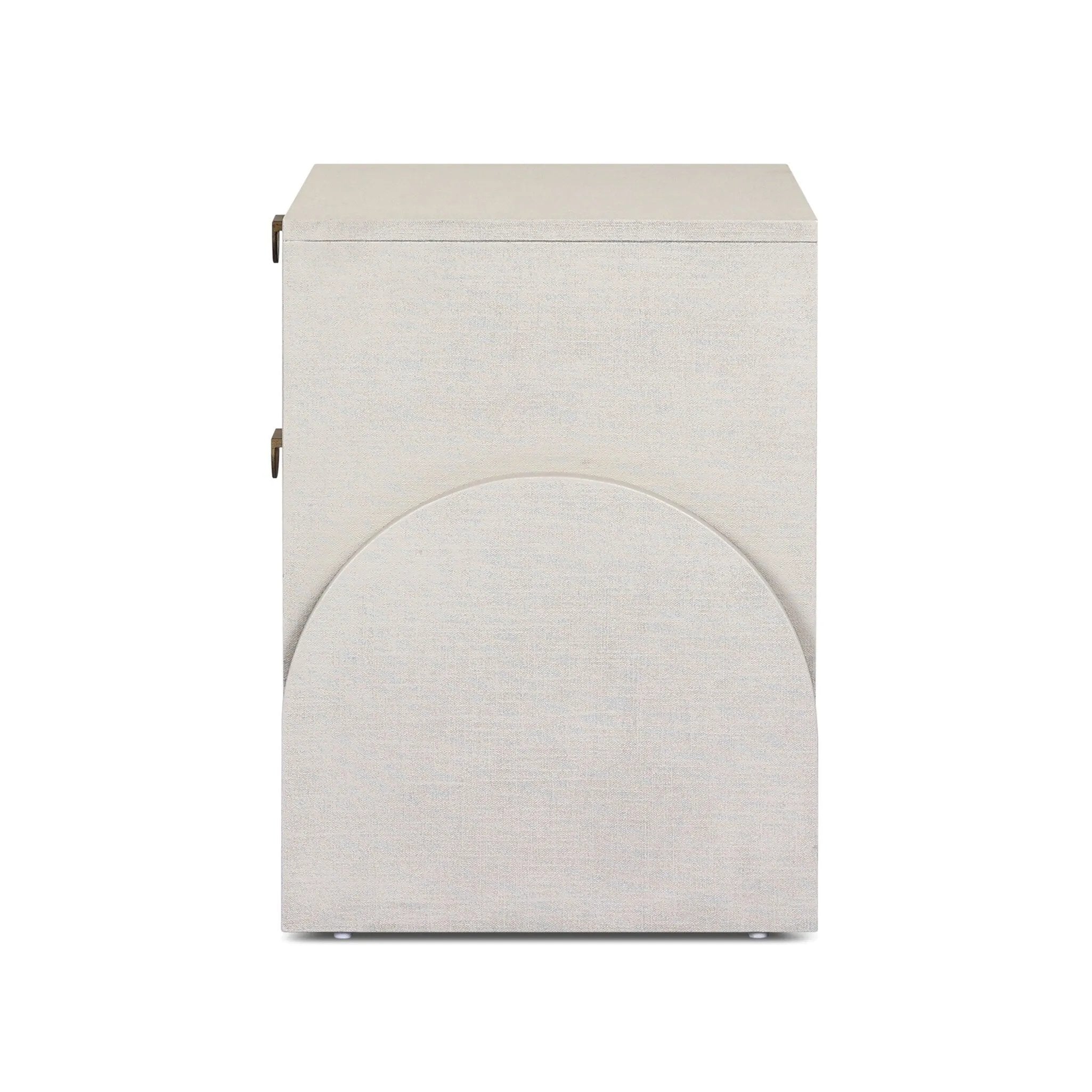 Talk about novelty. Made from painted linen in a light ivory, arched legs soften otherwise clean, modern shaping. Two drawers bring storage to the bedside while half-moon iron hardware adds a hint of art deco style Amethyst Home provides interior design, new home construction design consulting, vintage area rugs, and lighting in the Kansas City metro area.