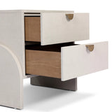 Talk about novelty. Made from painted linen in a light ivory, arched legs soften otherwise clean, modern shaping. Two drawers bring storage to the bedside while half-moon iron hardware adds a hint of art deco style Amethyst Home provides interior design, new home construction design consulting, vintage area rugs, and lighting in the Los Angeles metro area.