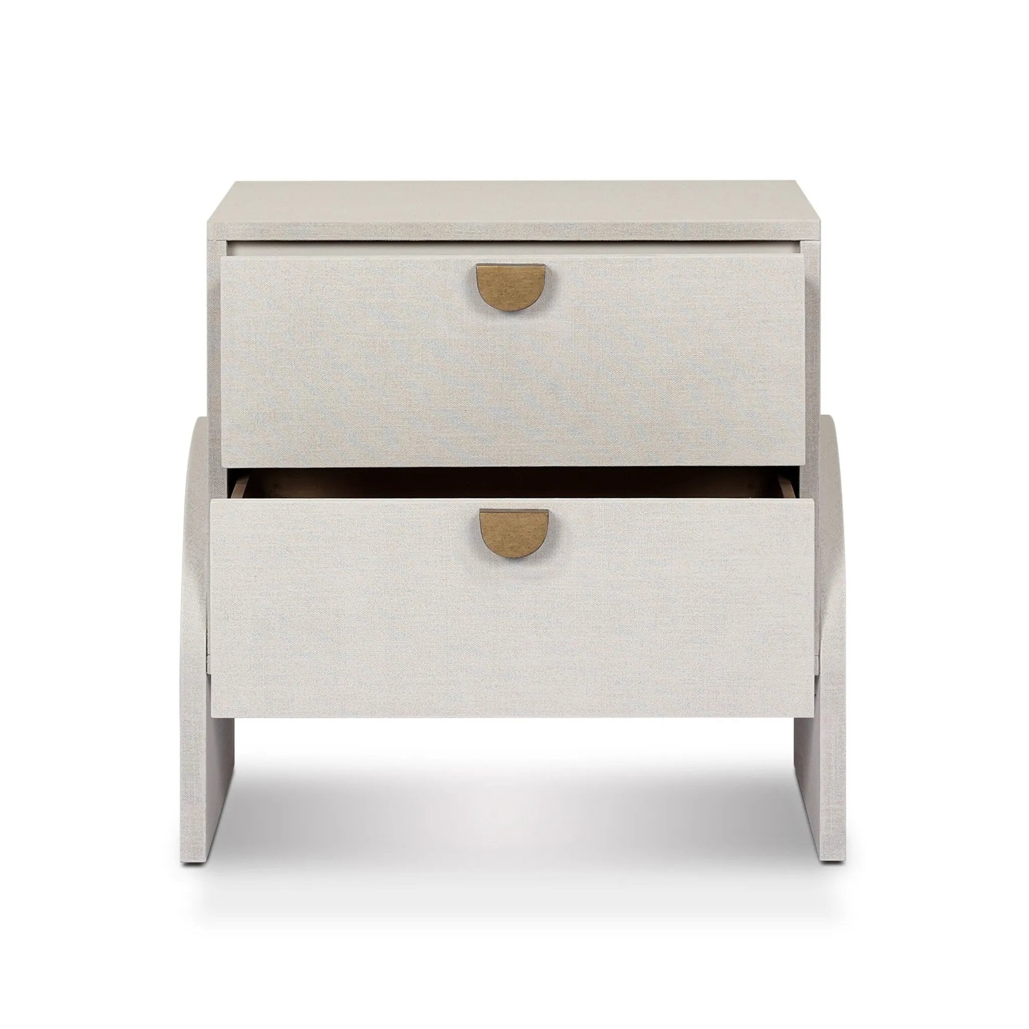 Talk about novelty. Made from painted linen in a light ivory, arched legs soften otherwise clean, modern shaping. Two drawers bring storage to the bedside while half-moon iron hardware adds a hint of art deco style Amethyst Home provides interior design, new home construction design consulting, vintage area rugs, and lighting in the Miami metro area.