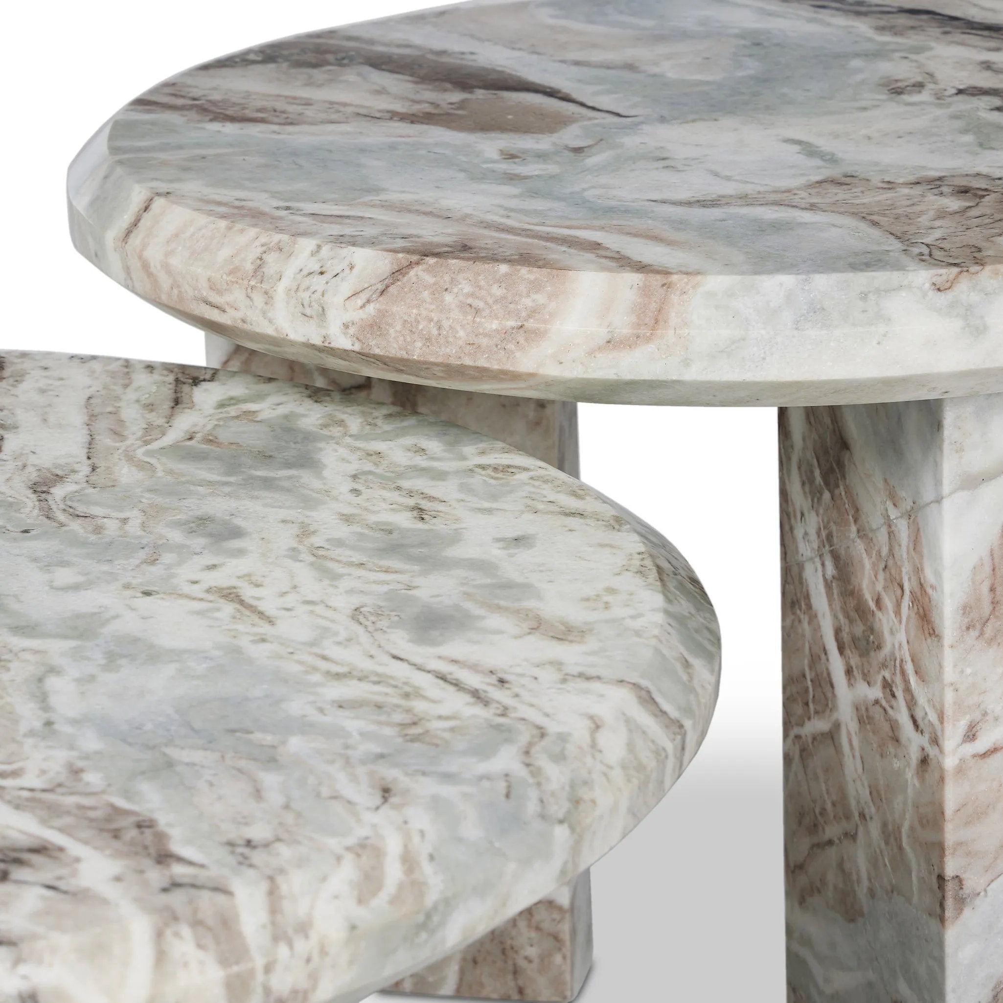 Featuring Dakota Creamy Taupe Marble Solid Nesting Coffee Table by Four Hands at Amethyst Home. A sculpted coffee table of creamy Sawar Indian marble, with block legs and chamfered edges — perfectly sized for intimate spaces. Natural veining ensures each table is one of a kind, celebrating the beauty natural marble.SetOverall Dimensions: 32.00"w x 32.00"d. Amethyst Home provides interior design, new home construction design consulting, vintage area rugs, and lighting in the Los Angeles metro area.