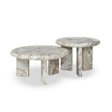 Featuring Dakota Creamy Taupe Marble Solid Nesting Coffee Table by Four Hands at Amethyst Home. A sculpted coffee table of creamy Sawar Indian marble, with block legs and chamfered edges — perfectly sized for intimate spaces. Natural veining ensures each table is one of a kind, celebrating the beauty natural marble.SetOverall Dimensions: 32.00"w x 32.00"d x 1. Amethyst Home provides interior design, new home construction design consulting, vintage area rugs, and lighting in the Seattle metro area.