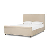 This heritage-style bed reimagines the classic sleigh silhouette. Cream-colored, linen-like fabric slipcover is both removable and washable for practicality. Turned feet in brown parawood peek from under the slip, grounding the bed's stately charm. A design collaboration by Amber Lewis and Four Hands. Amethyst Home provides interior design, new home construction design consulting, vintage area rugs, and lighting in the Newport Beach metro area.
