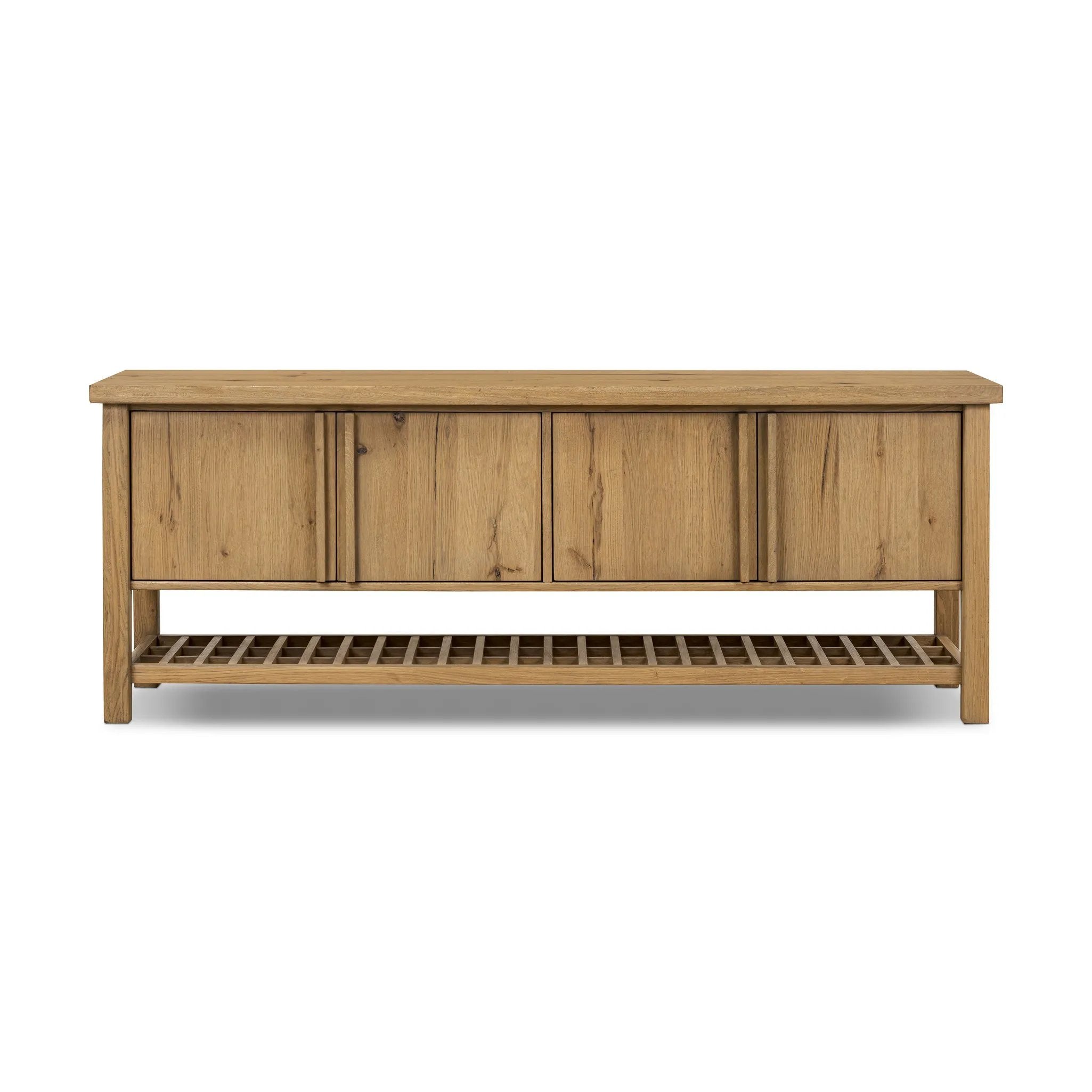 A light, clean storage look inspired by Japanese tea houses. Crafted of aged natural oak with cross lap joinery, lower shelving brings even more storage to the whole piece Amethyst Home provides interior design, new home construction design consulting, vintage area rugs, and lighting in the Los Angeles metro area.