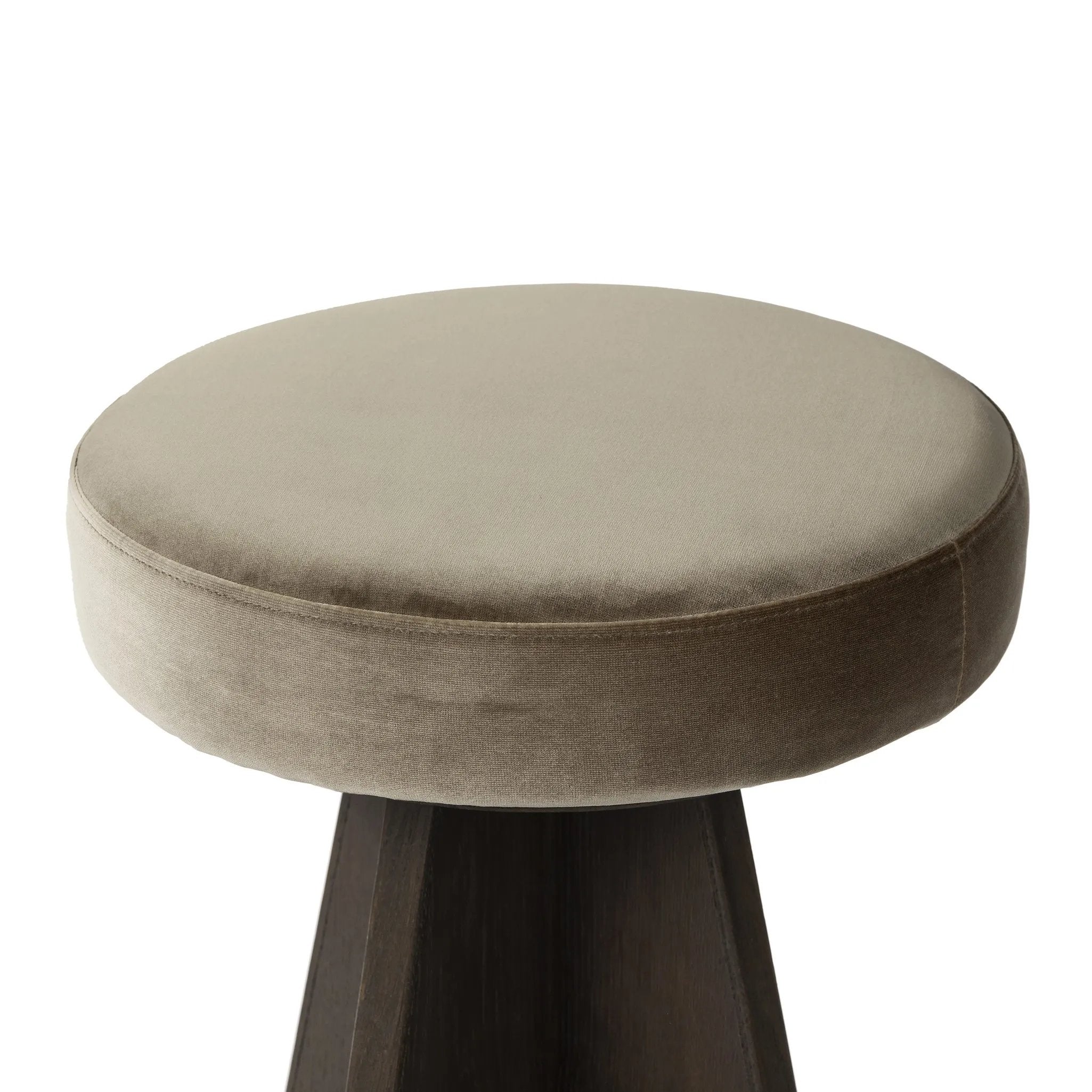 Featuring Damon Sapphire Khaki  Swivel Bar + Counter Stool by Four Hands at Amethyst Home. Large angular panels merge to form a geometrically inspired base in this modern counter stool. The circle metal ring around the base serves as a footrest, while the round upholstered cushion provides comfortable seating. The 360-degree swivel function adds versatility,. Amethyst Home provides interior design, new home construction design consulting, vintage area rugs, and lighting in the Portland metro area.