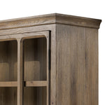 Featuring Dawes Weathered Oak Cabinet by Four Hands at Amethyst Home. Work the timeless charm of a vintage find into your collection. Weathered oak cabinetry features softened mullions and rounded glass panels, with aged bronze barrel hinges and finial detailing. Generous storage and display options  empower you to create a space that tells your story.Overall. Amethyst Home provides interior design, new home construction design consulting, vintage area rugs, and lighting in the Seattle metro area.