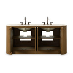 Sleek and softly curved, this pill-shaped bath vanity pairs a monochromatic base with a natural marble top. Complemented by rounded hardware and a set back base board, with adjustable and removable shelves inside for ample storage. Finished with a bath-safe sealant for moisture resistance. Amethyst Home provides interior design, new home construction design consulting, vintage area rugs, and lighting in the Alpharetta metro area.