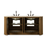 Sleek and softly curved, this pill-shaped bath vanity pairs a monochromatic base with a natural marble top. Complemented by rounded hardware and a set back base board, with adjustable and removable shelves inside for ample storage. Finished with a bath-safe sealant for moisture resistance. Amethyst Home provides interior design, new home construction design consulting, vintage area rugs, and lighting in the Alpharetta metro area.