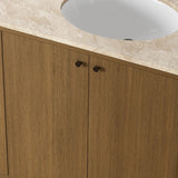 Sleek and softly curved, this pill-shaped bath vanity pairs a monochromatic base with a natural marble top. Complemented by rounded hardware and a set back base board, with adjustable and removable shelves inside for ample storage. Finished with a bath-safe sealant for moisture resistance. Amethyst Home provides interior design, new home construction design consulting, vintage area rugs, and lighting in the Dallas metro area.