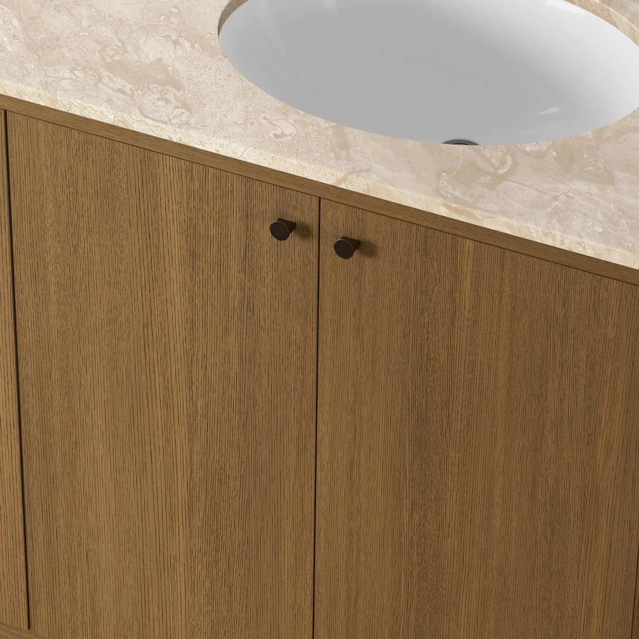 Sleek and softly curved, this pill-shaped bath vanity pairs a monochromatic base with a natural marble top. Complemented by rounded hardware and a set back base board, with adjustable and removable shelves inside for ample storage. Finished with a bath-safe sealant for moisture resistance. Amethyst Home provides interior design, new home construction design consulting, vintage area rugs, and lighting in the Dallas metro area.