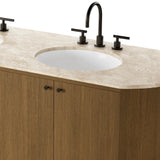 Sleek and softly curved, this pill-shaped bath vanity pairs a monochromatic base with a natural marble top. Complemented by rounded hardware and a set back base board, with adjustable and removable shelves inside for ample storage. Finished with a bath-safe sealant for moisture resistance. Amethyst Home provides interior design, new home construction design consulting, vintage area rugs, and lighting in the Kansas City metro area.