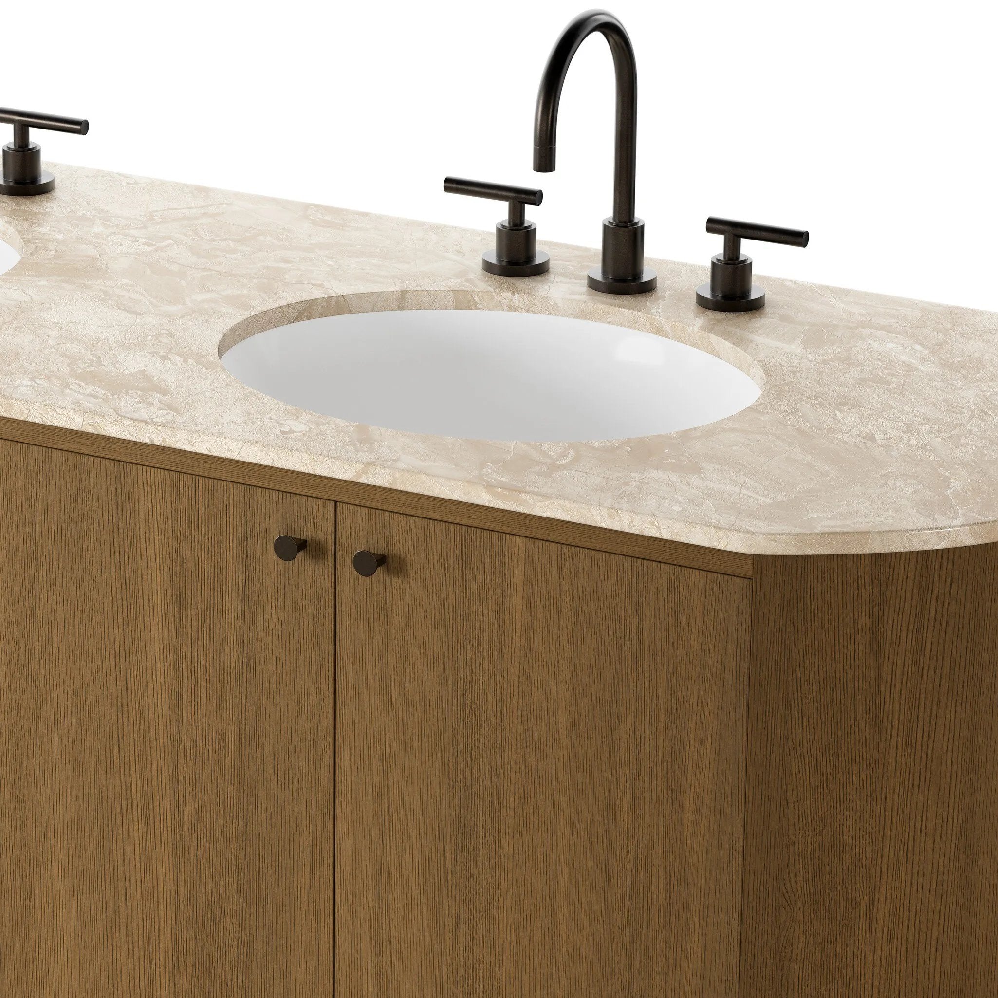 Sleek and softly curved, this pill-shaped bath vanity pairs a monochromatic base with a natural marble top. Complemented by rounded hardware and a set back base board, with adjustable and removable shelves inside for ample storage. Finished with a bath-safe sealant for moisture resistance. Amethyst Home provides interior design, new home construction design consulting, vintage area rugs, and lighting in the Kansas City metro area.