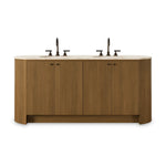 Sleek and softly curved, this pill-shaped bath vanity pairs a monochromatic base with a natural marble top. Complemented by rounded hardware and a set back base board, with adjustable and removable shelves inside for ample storage. Finished with a bath-safe sealant for moisture resistance. Amethyst Home provides interior design, new home construction design consulting, vintage area rugs, and lighting in the Portland metro area.