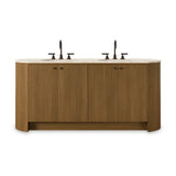 Sleek and softly curved, this pill-shaped bath vanity pairs a monochromatic base with a natural marble top. Complemented by rounded hardware and a set back base board, with adjustable and removable shelves inside for ample storage. Finished with a bath-safe sealant for moisture resistance. Amethyst Home provides interior design, new home construction design consulting, vintage area rugs, and lighting in the Portland metro area.