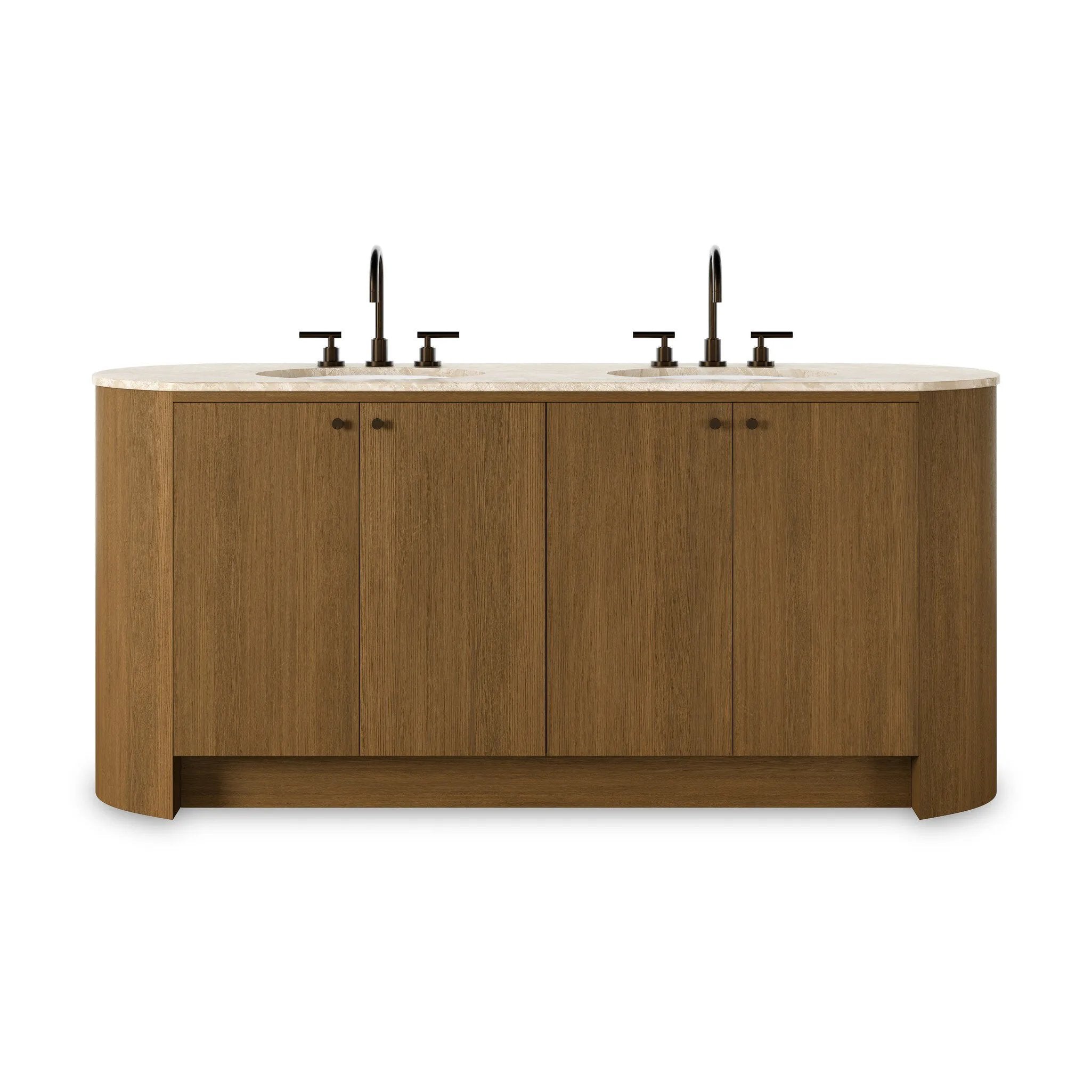 Sleek and softly curved, this pill-shaped bath vanity pairs a monochromatic base with a natural marble top. Complemented by rounded hardware and a set back base board, with adjustable and removable shelves inside for ample storage. Finished with a bath-safe sealant for moisture resistance. Amethyst Home provides interior design, new home construction design consulting, vintage area rugs, and lighting in the Portland metro area.