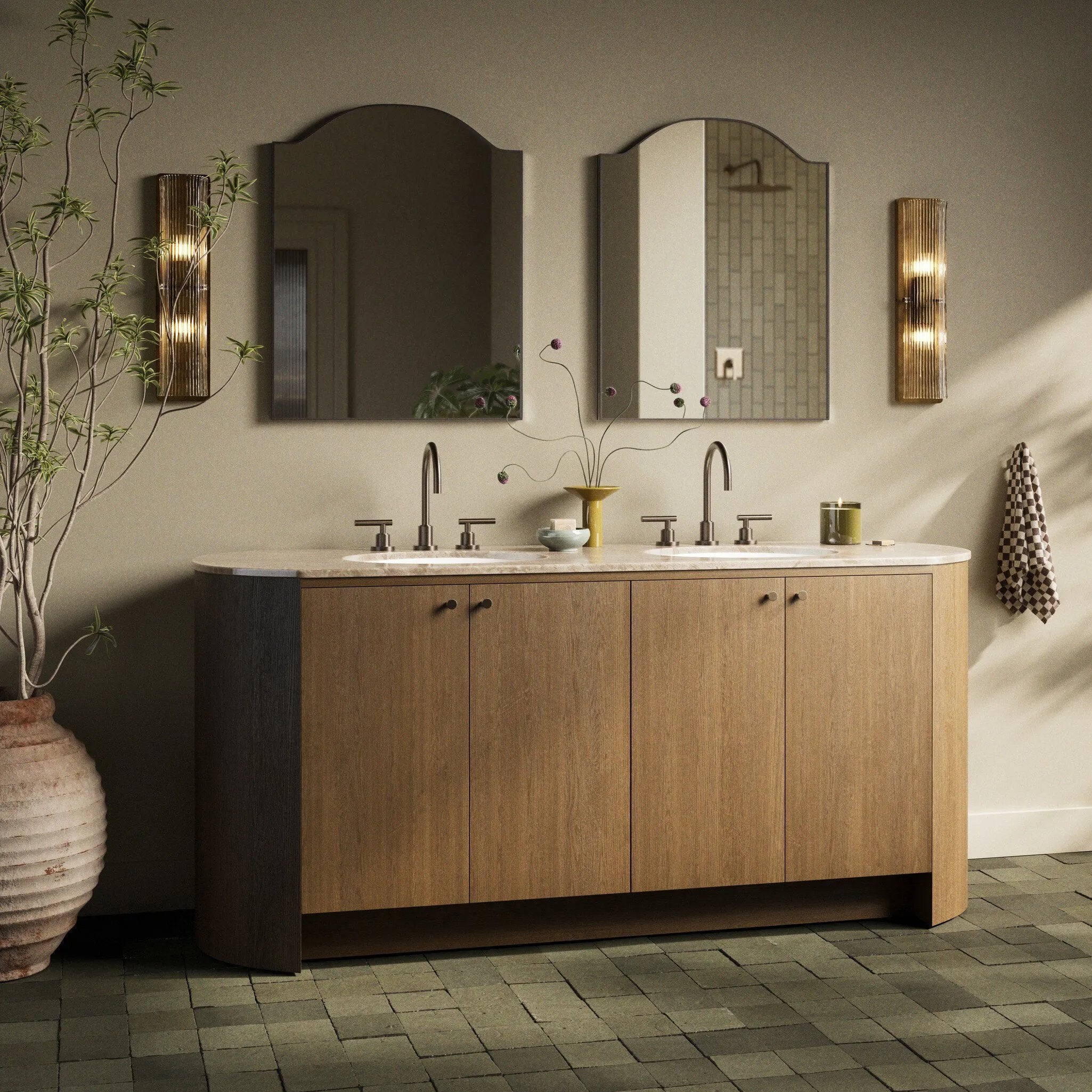 Sleek and softly curved, this pill-shaped bath vanity pairs a monochromatic base with a natural marble top. Complemented by rounded hardware and a set back base board, with adjustable and removable shelves inside for ample storage. Finished with a bath-safe sealant for moisture resistance. Amethyst Home provides interior design, new home construction design consulting, vintage area rugs, and lighting in the San Diego metro area.