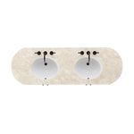 Sleek and softly curved, this pill-shaped bath vanity pairs a monochromatic base with a natural marble top. Complemented by rounded hardware and a set back base board, with adjustable and removable shelves inside for ample storage. Finished with a bath-safe sealant for moisture resistance. Amethyst Home provides interior design, new home construction design consulting, vintage area rugs, and lighting in the Seattle metro area.
