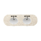 Sleek and softly curved, this pill-shaped bath vanity pairs a monochromatic base with a natural marble top. Complemented by rounded hardware and a set back base board, with adjustable and removable shelves inside for ample storage. Finished with a bath-safe sealant for moisture resistance. Amethyst Home provides interior design, new home construction design consulting, vintage area rugs, and lighting in the Seattle metro area.