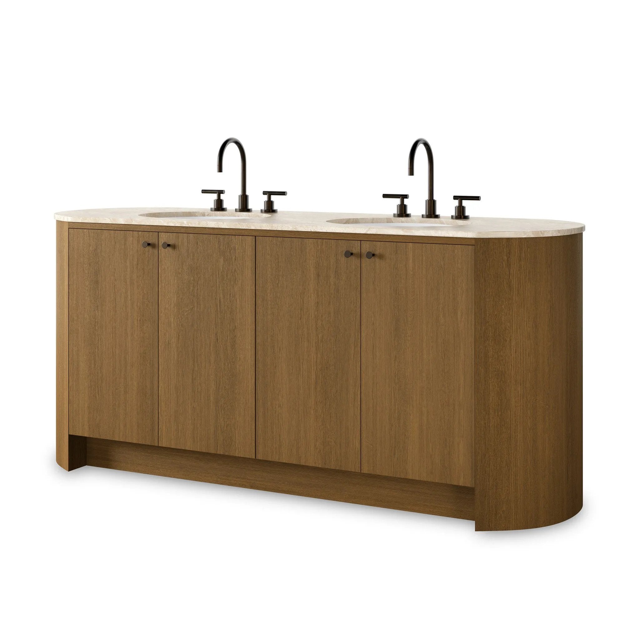 Sleek and softly curved, this pill-shaped bath vanity pairs a monochromatic base with a natural marble top. Complemented by rounded hardware and a set back base board, with adjustable and removable shelves inside for ample storage. Finished with a bath-safe sealant for moisture resistance. Amethyst Home provides interior design, new home construction design consulting, vintage area rugs, and lighting in the Tampa metro area.
