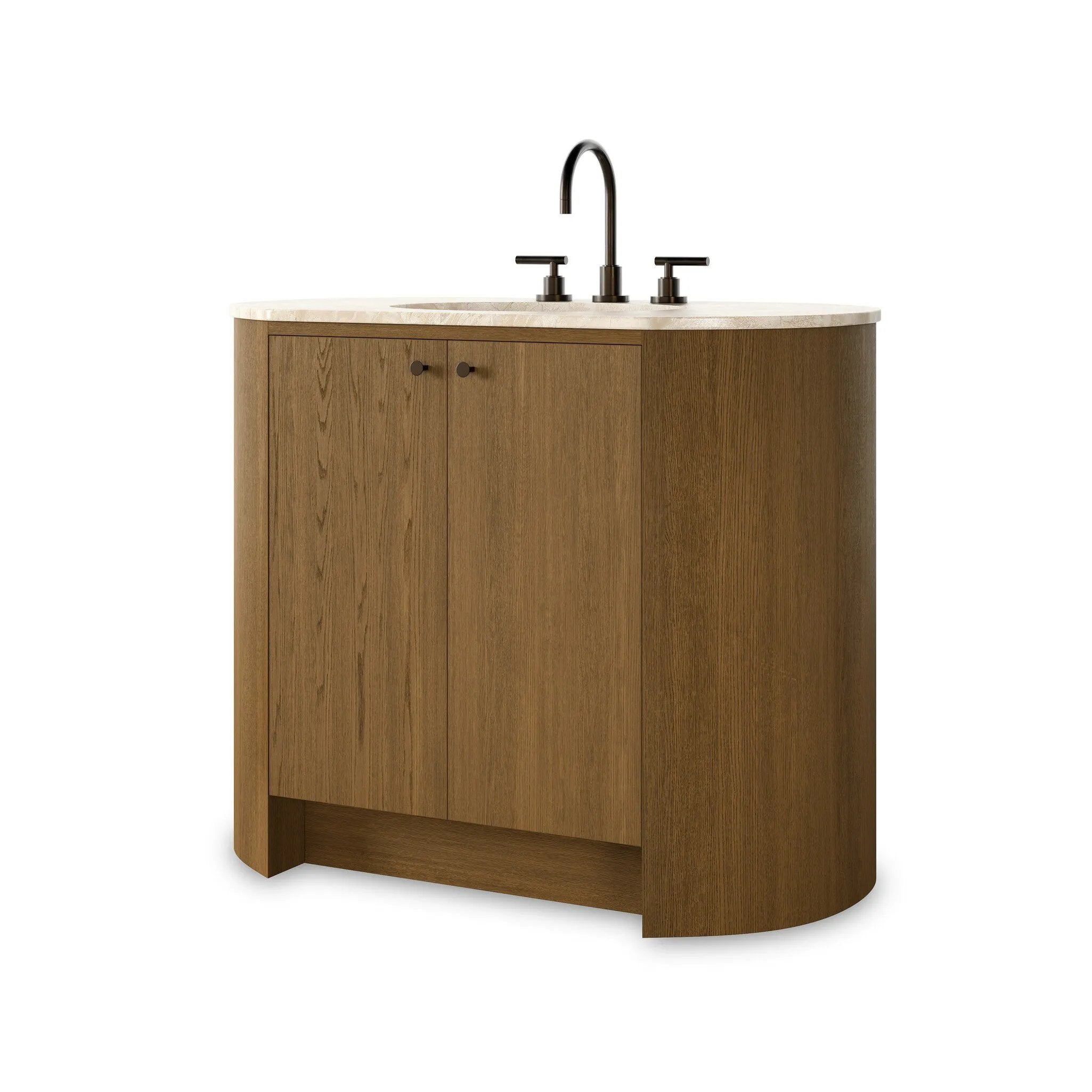 Sleek and softly curved, this pill-shaped bath vanity pairs a monochromatic base with a natural marble top. Complemented by rounded hardware and a set back base board, with adjustable and removable shelves inside for ample storage. Finished with a bath-safe sealant for moisture resistance. Amethyst Home provides interior design, new home construction design consulting, vintage area rugs, and lighting in the Laguna Beach metro area.