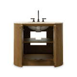 Sleek and softly curved, this pill-shaped bath vanity pairs a monochromatic base with a natural marble top. Complemented by rounded hardware and a set back base board, with adjustable and removable shelves inside for ample storage. Finished with a bath-safe sealant for moisture resistance. Amethyst Home provides interior design, new home construction design consulting, vintage area rugs, and lighting in the Miami metro area.