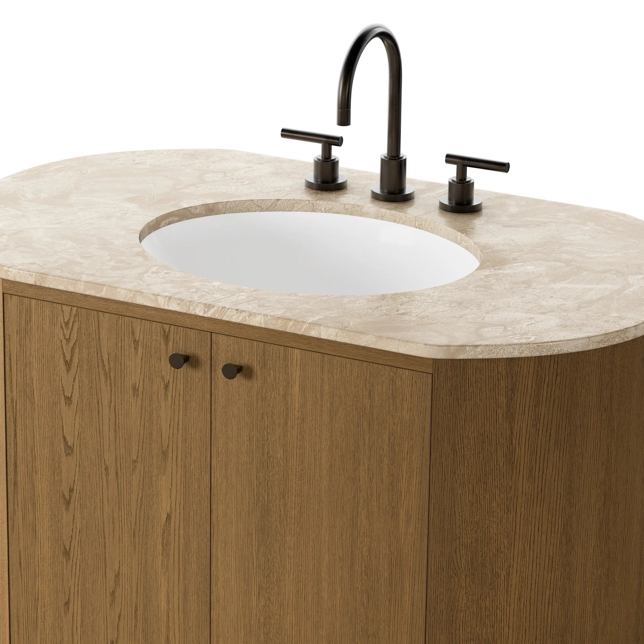 Sleek and softly curved, this pill-shaped bath vanity pairs a monochromatic base with a natural marble top. Complemented by rounded hardware and a set back base board, with adjustable and removable shelves inside for ample storage. Finished with a bath-safe sealant for moisture resistance. Amethyst Home provides interior design, new home construction design consulting, vintage area rugs, and lighting in the Newport Beach metro area.