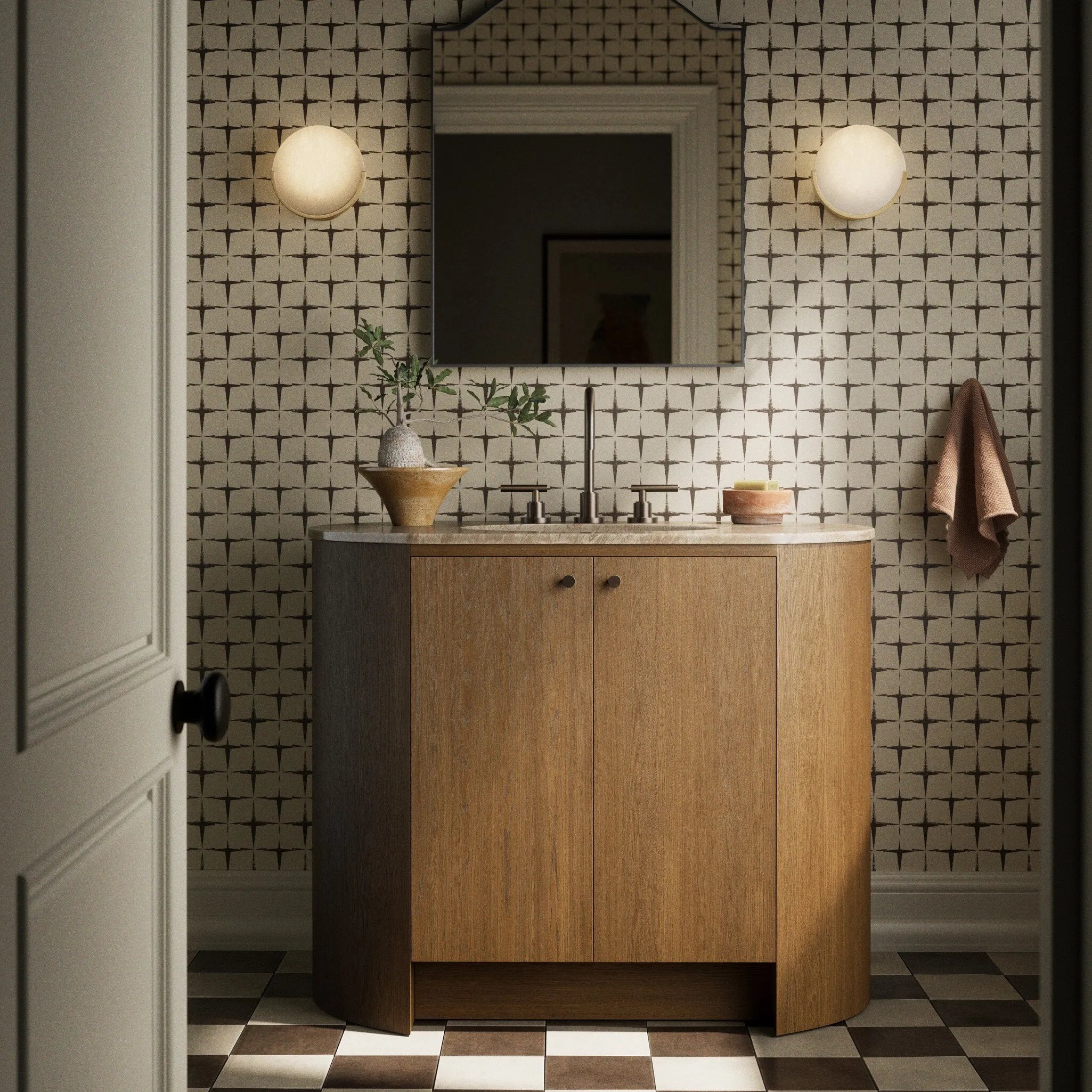 Sleek and softly curved, this pill-shaped bath vanity pairs a monochromatic base with a natural marble top. Complemented by rounded hardware and a set back base board, with adjustable and removable shelves inside for ample storage. Finished with a bath-safe sealant for moisture resistance. Amethyst Home provides interior design, new home construction design consulting, vintage area rugs, and lighting in the Washington metro area.