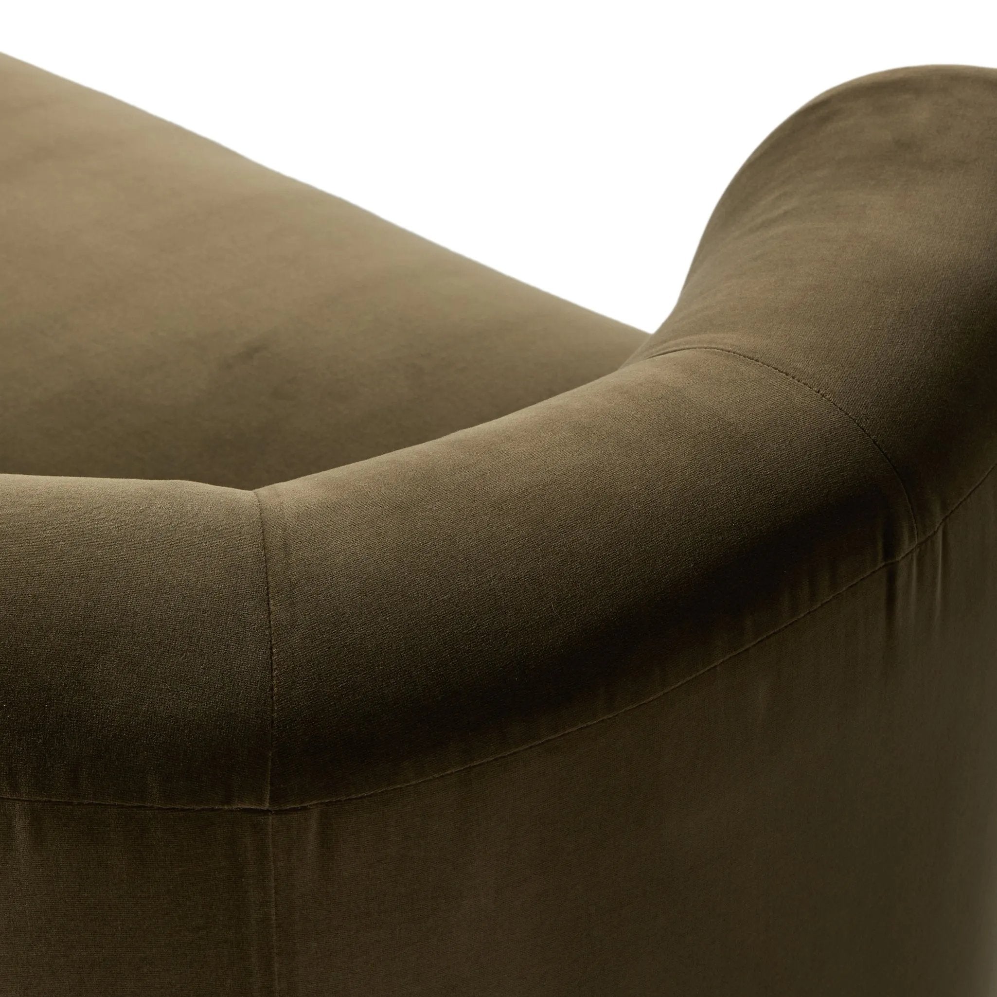Featuring Deandra Surrey Olive Tete A Tete Chaise by Four Hands at Amethyst Home. Modern European inspiration and plush curves come head to head in this stylish chaise. Upholstered in a soft cotton/poly blend fabric that feels both casual and elevated. A base of Rosa Morada wood grounds the entire piece.Overall Dimensions: 90.50"w x 38.00"d x 29.00"hWeight : 1. Amethyst Home provides interior design, new home construction design consulting, vintage area rugs, and lighting in the Boston metro area.