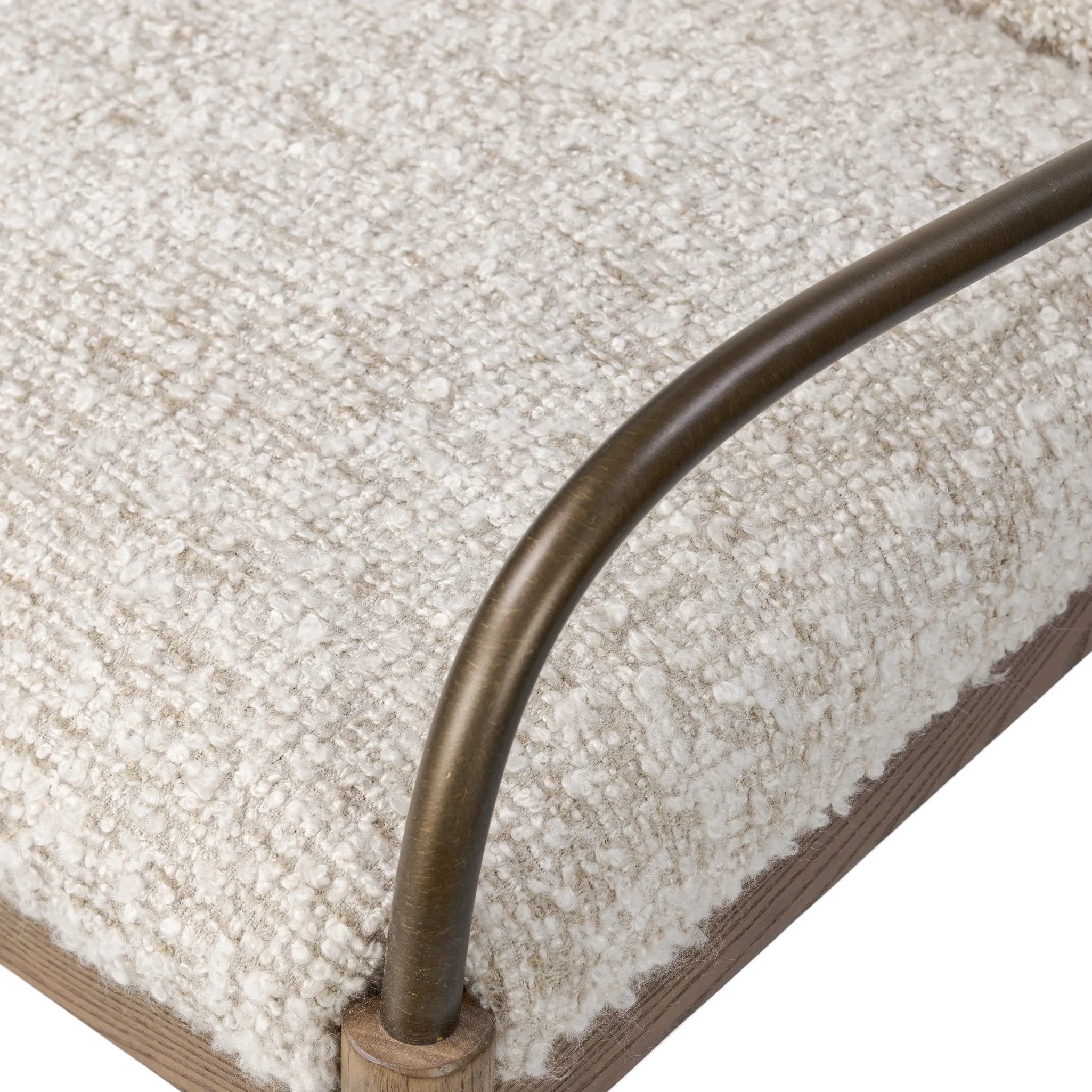 A tribute to traditional artistry and found pieces, this bar stool fluidly combines ash and burnished brass to frame a comfortable S-spring seat. Finished in heavy boucle-like upholstery that features a subtle linear pattern for added depth — creating a luxe, inviting feel. A design collaboration by Amber Lewis and Four Hands. Amethyst Home provides interior design, new home construction design consulting, vintage area rugs, and lighting in the Boston metro area.