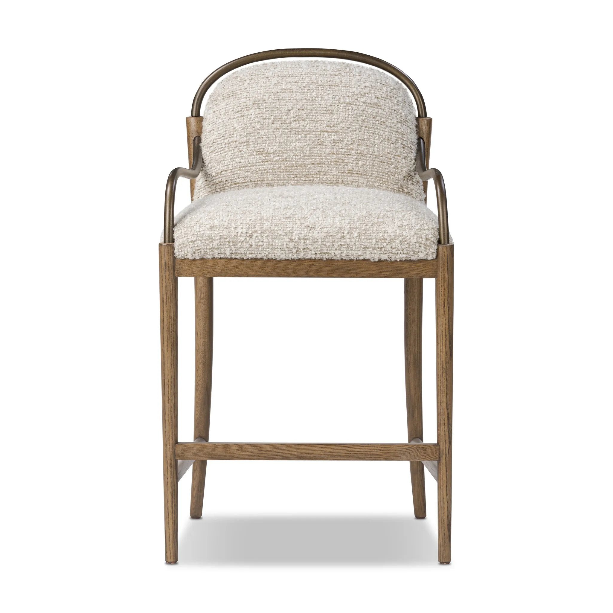 A tribute to traditional artistry and found pieces, this bar stool fluidly combines ash and burnished brass to frame a comfortable S-spring seat. Finished in heavy boucle-like upholstery that features a subtle linear pattern for added depth — creating a luxe, inviting feel. A design collaboration by Amber Lewis and Four Hands. Amethyst Home provides interior design, new home construction design consulting, vintage area rugs, and lighting in the Portland metro area.