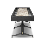 Material-driven for fun, this shuffleboard table features a hand-stitched leather landing surface, laminated solid oak game board — finished in a durable lacquer — and industrial trestle-style, cast iron legs. Climatic adjusters for leveling with ease. Each table comes with carved wood and steel pucks, as well as a steel ring scoring mechanism. Amethyst Home provides interior design, new home construction design consulting, vintage area rugs, and lighting in the Calabasas metro area.