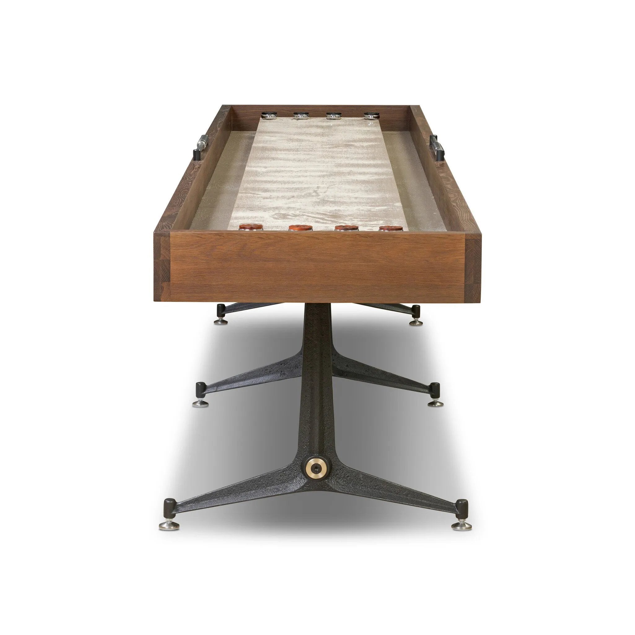 Material-driven for fun, this shuffleboard table features a hand-stitched leather landing surface, laminated solid oak game board — finished in a durable lacquer — and industrial trestle-style, cast iron legs. Climatic adjusters for leveling with ease. Each table comes with carved wood and steel pucks, as well as a steel ring scoring mechanism. Amethyst Home provides interior design, new home construction design consulting, vintage area rugs, and lighting in the Washington metro area.