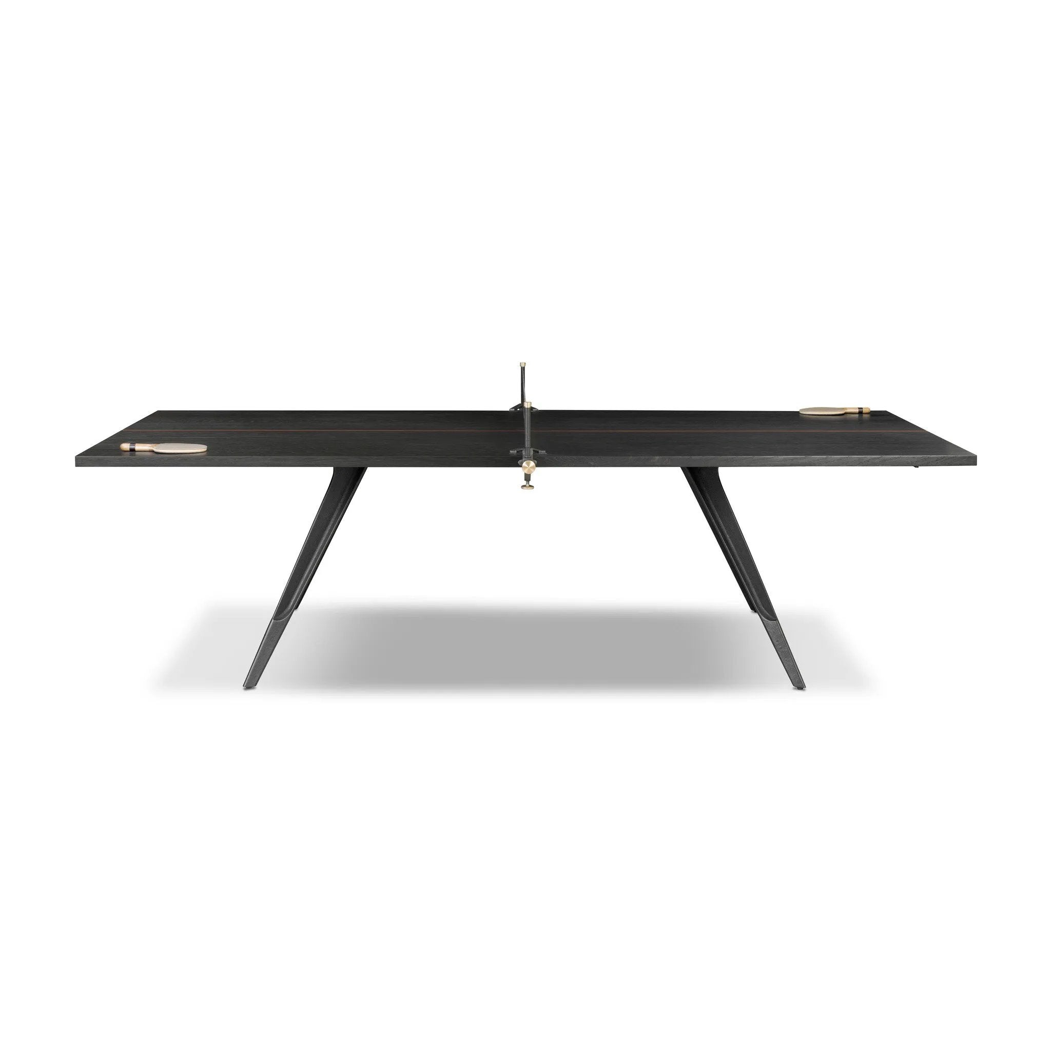 Dual-function fun is the star of this ping pong table from District Eight. Its light minimalist design channels industrial features like an oak plane top, cast iron legs and a leather sling net attached with steel clamps, which can be easily removed to become a dining table that seats 12. Amethyst Home provides interior design, new home construction design consulting, vintage area rugs, and lighting in the Miami metro area.