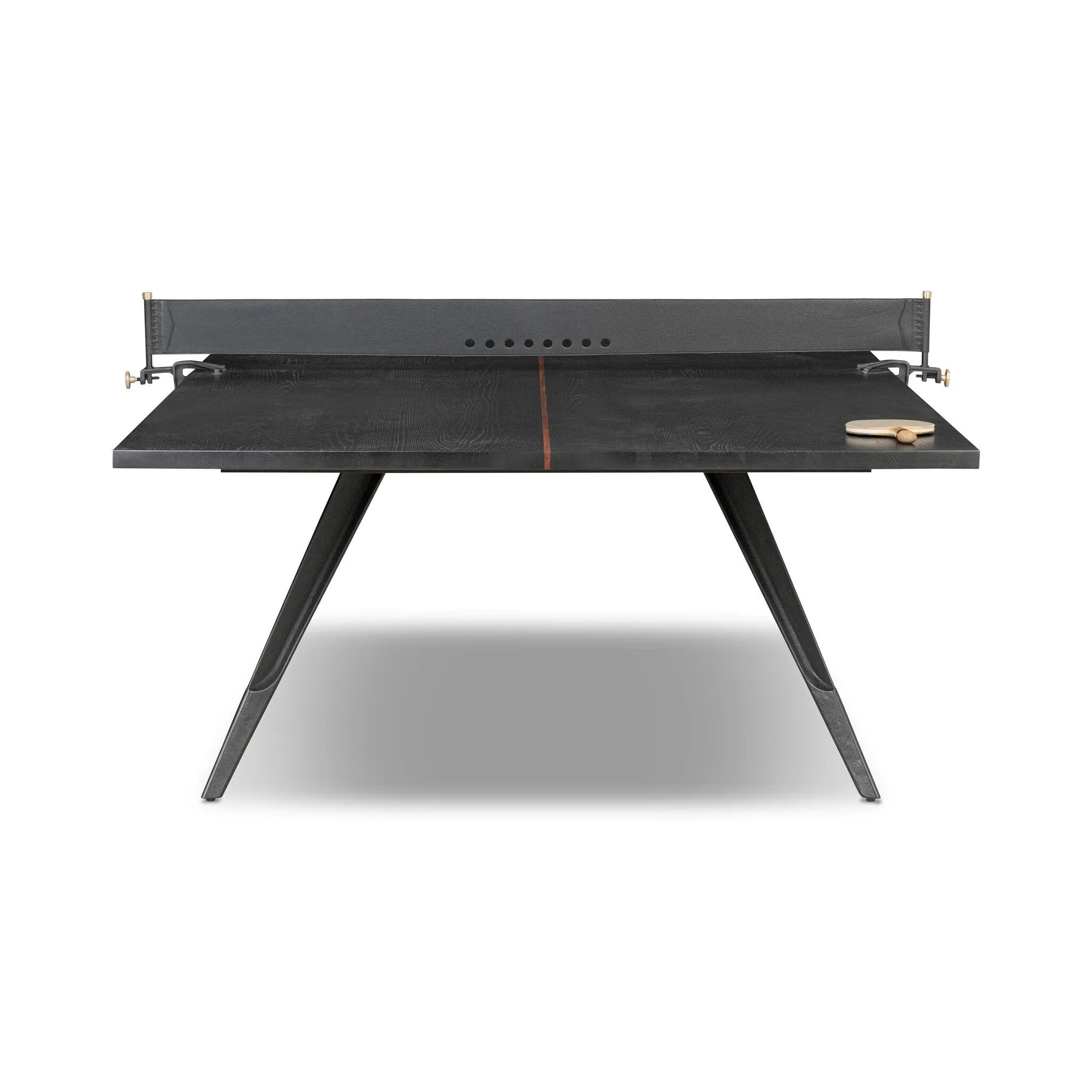 Dual-function fun is the star of this ping pong table from District Eight. Its light minimalist design channels industrial features like an oak plane top, cast iron legs and a leather sling net attached with steel clamps, which can be easily removed to become a dining table that seats 12. Amethyst Home provides interior design, new home construction design consulting, vintage area rugs, and lighting in the Washington metro area.