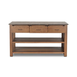 A kitchen island and waterfall dining table in one. Crafted from oak, the island system features two large shelves and three drawers on each side, all  topped with by warm grey marble. The pullout table extends and fits inside the frame with ease Amethyst Home provides interior design, new home construction design consulting, vintage area rugs, and lighting in the Omaha metro area.