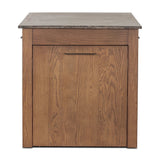 A kitchen island and waterfall dining table in one. Crafted from oak, the island system features two large shelves and three drawers on each side, all  topped with by warm grey marble. The pullout table extends and fits inside the frame with ease Amethyst Home provides interior design, new home construction design consulting, vintage area rugs, and lighting in the Tampa metro area.