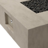 This outdoor fire table is a welcoming centerpiece designed for gathering. Made from glass-reinforced concrete, each piece is naturally finished with subtle tones of grey and cream. The monolithic shape is completed with lavastones in the center, bringing together a bold, monochromatic look. Amethyst Home provides interior design, new home construction design consulting, vintage area rugs, and lighting in the Omaha metro area.